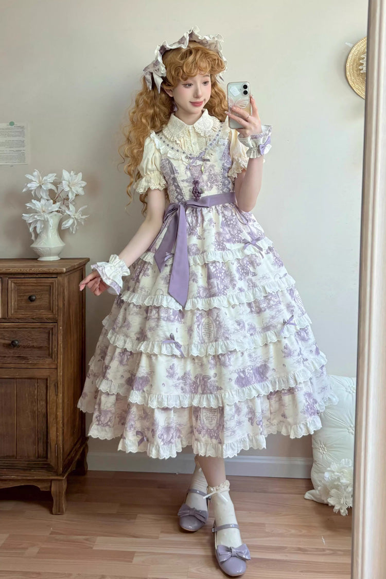 Purple Grape Moon Almanac Sleeveless Multi-Layered Printed Ruffled Bow Adjustable-Length Sweet Lolita Jsk Dress