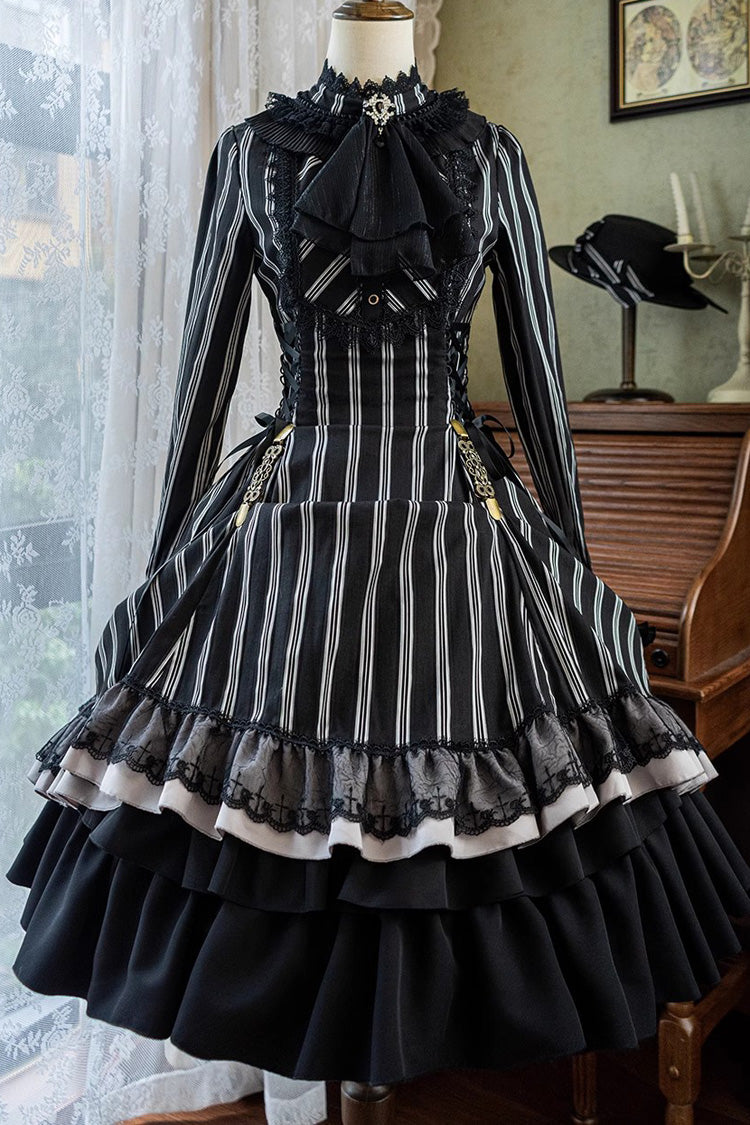 Black Stand Collar Long Sleeves Multi-layer Striped Print Ruffle Gothic Lolita Dress