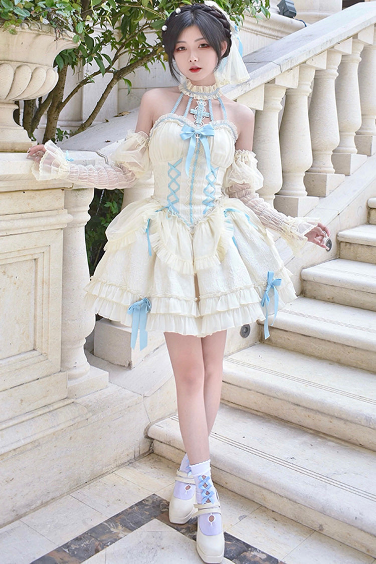 Blue/Ivory Tube Top Sleeveless Ruffle Bowknot Gothic Lolita Jsk Tiered Dress