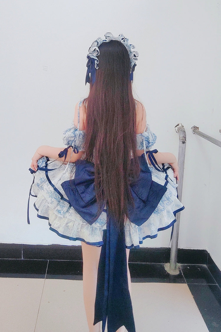 Blue/White Sleeveless Multi-Layered Print Bowknot Fishbone Sweet Classic Chinese Style Lolita Jsk Short Dress