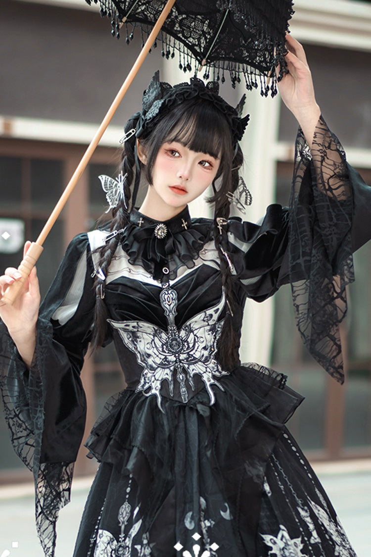 Black Feast of Bones Print Ruffle Bowknot Lace Gothic Elegant Lolita Long Dress
