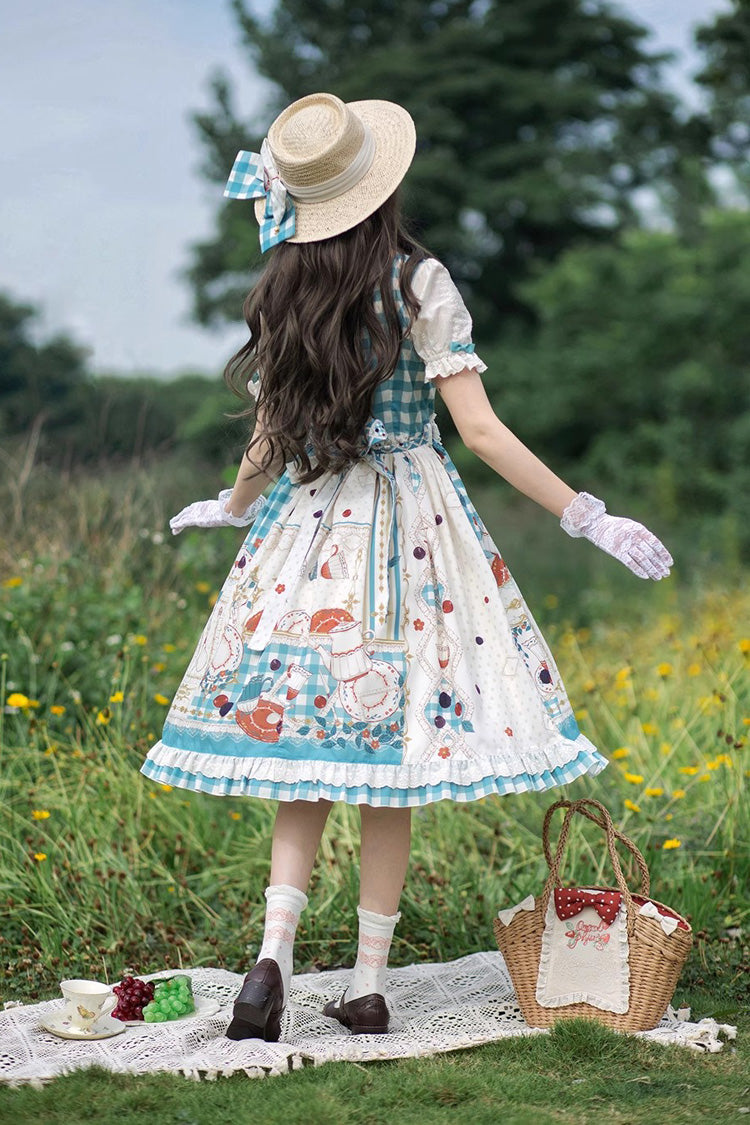 Blue/Green Tea Party Short Sleeves Print Ruffle Bowknot Lace Sweet Elegant Lolita Dress