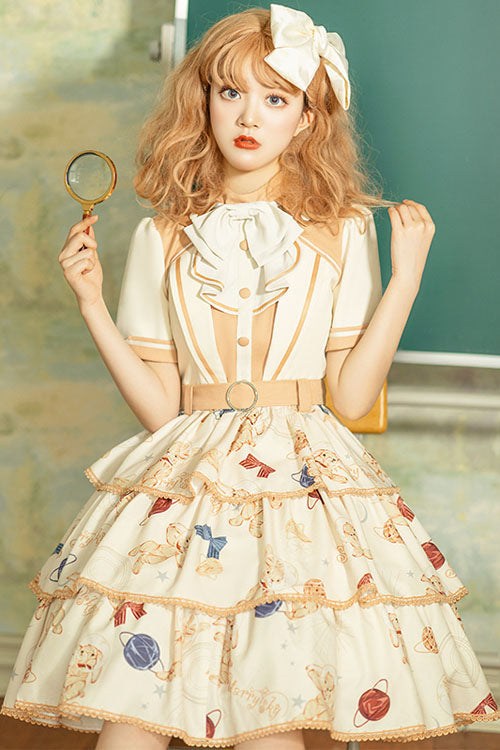 Multi-Color Bunny Astronaut Print Short Sleeves 3 layers Sweet Lolita OP Dress