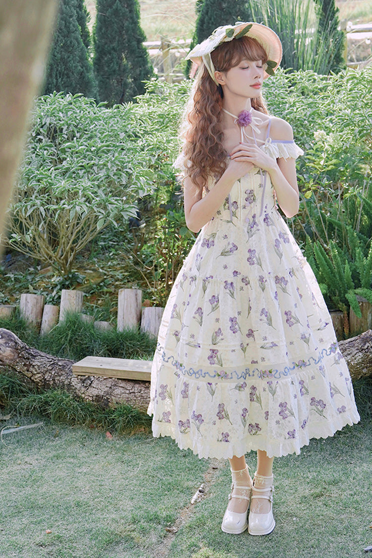 Ivory Moonlight Iris Off Shoulder Print Ruffle Embroidery Lace Sweet Lolita Jsk Dress