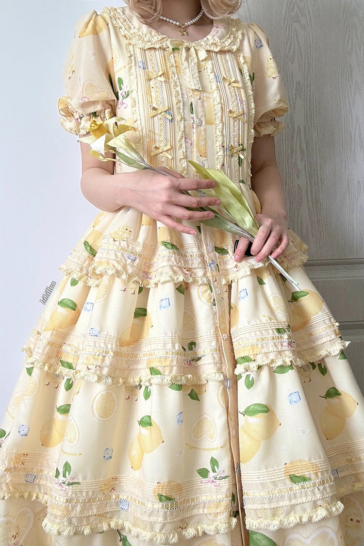 Yellow Lemon Chicken Short Sleeves Triple-Layered Print Ruffle Bowknot Lace Sweet Gorgeous Lolita Dress