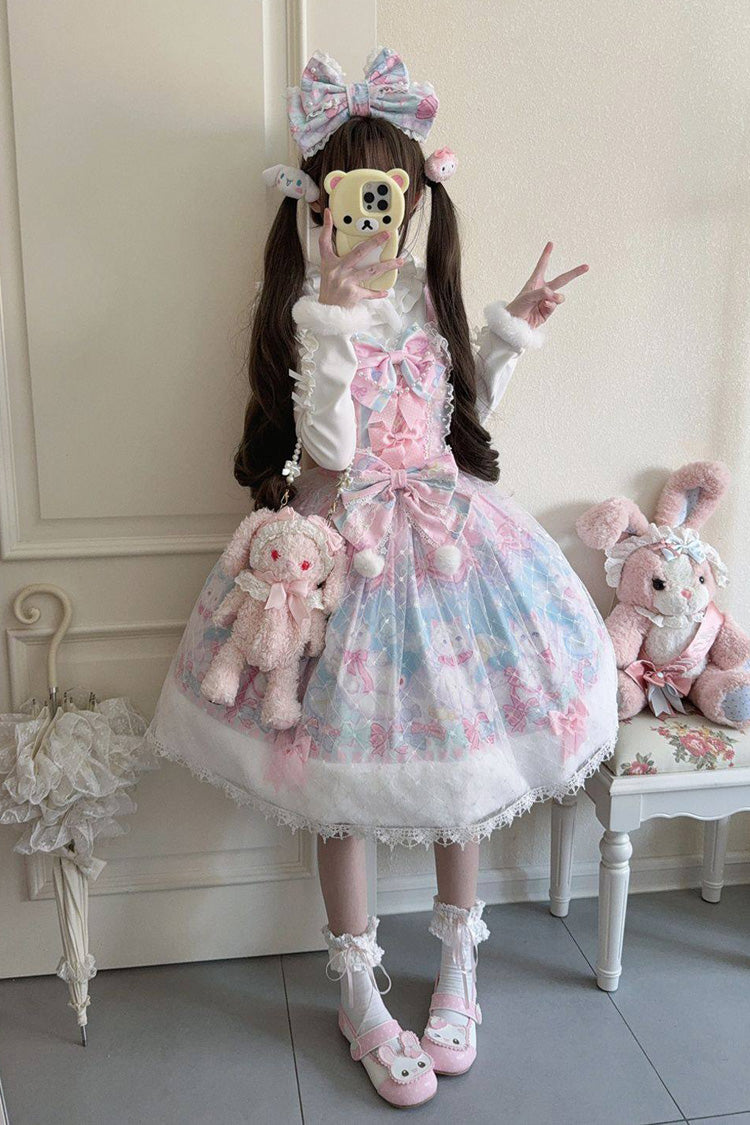 Pink/Blue Candy Mary Cat Printed Ruffled Embroidered Bow Lace Sweet Lolita Jsk Dress