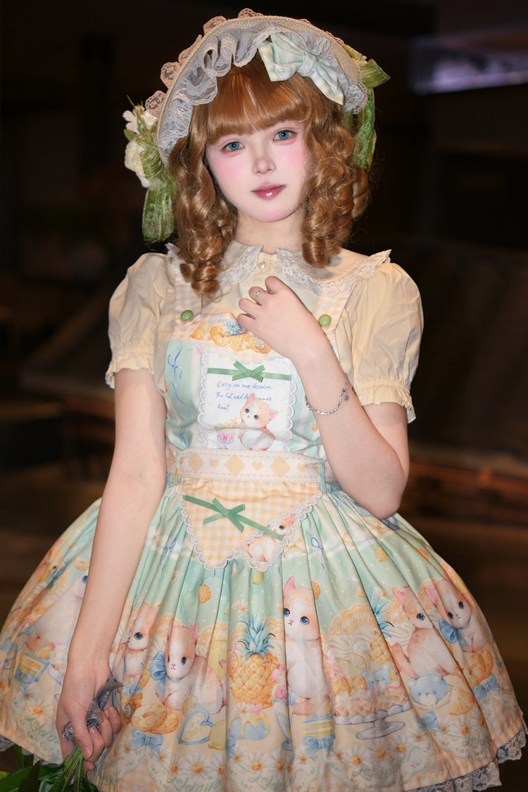 Green Pineapple Cat Print Sleeveless Bowknot Lace Sweet Lolita Strap Dress