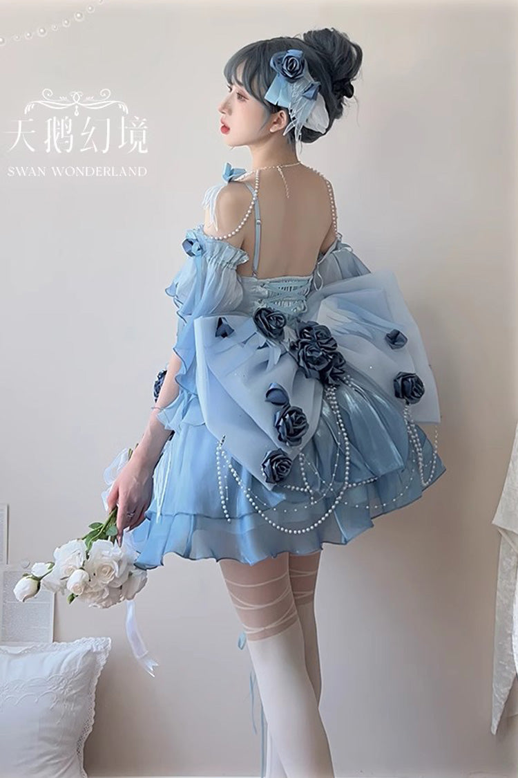 Sky Blue Swan Wonderland Embroidery Bowknot Lace-Up Sweet Ballet Lolita Jsk Dress Short Version