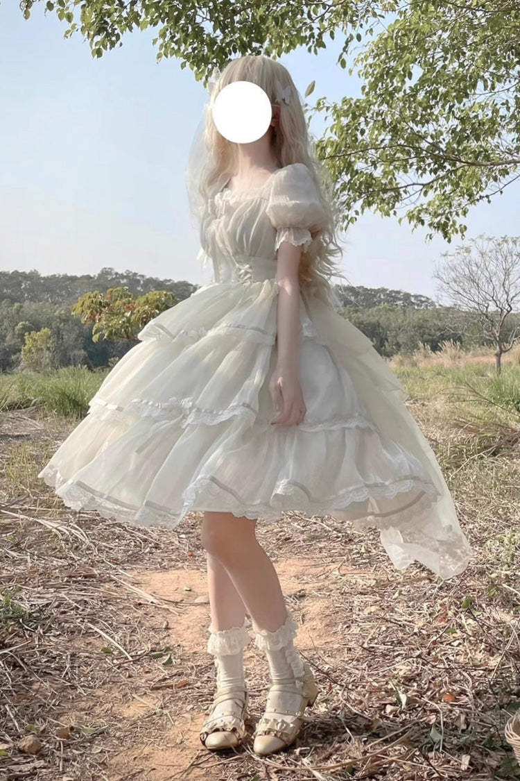 Ivory Square Collar Short Sleeves High Waisted Multi-layer Ruffle Sweet Plus Size Lolita Dress