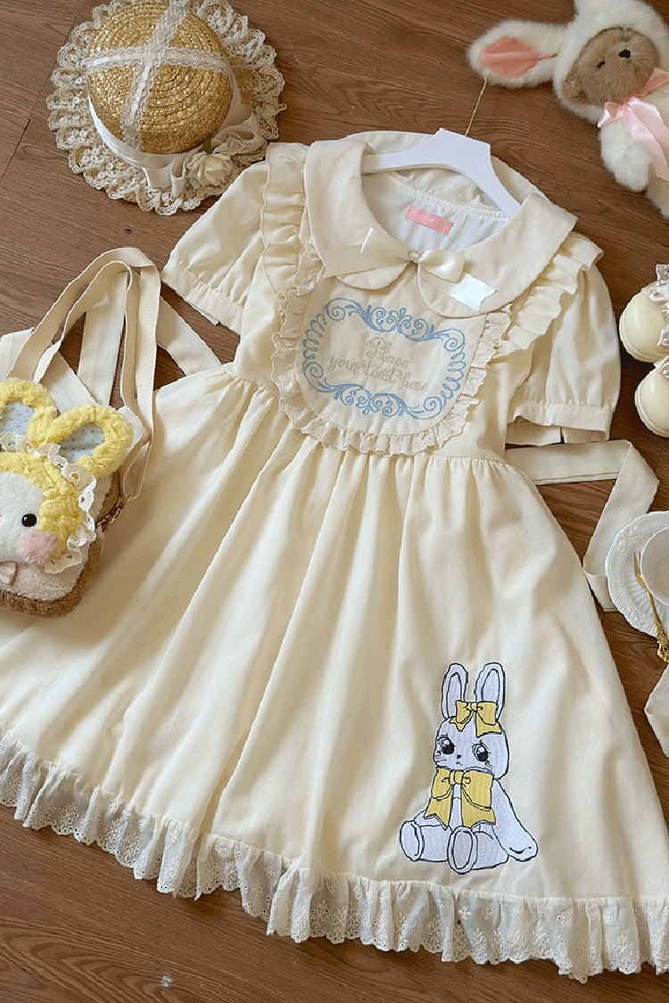 Apricot Sweet Dream Bunny Doll Collar Short Sleeves Ruffle Embroidery Bowknot Sweet Plus Size Lolita Dress