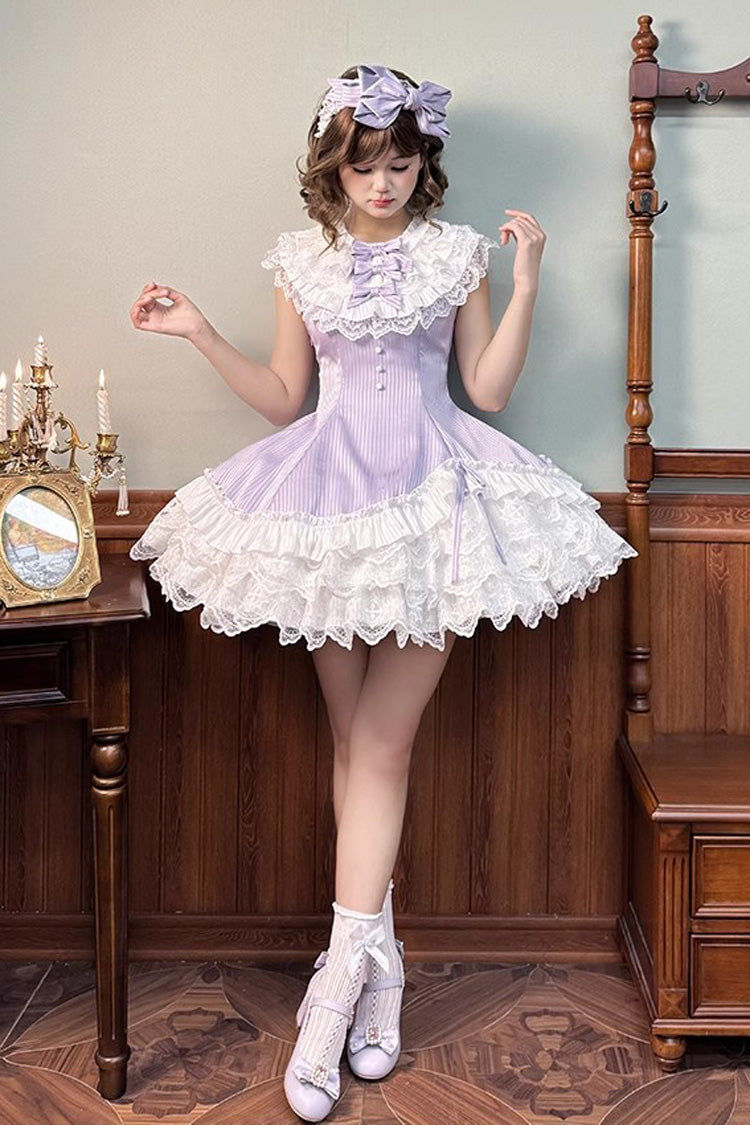 Purple Miss Tsundere Sleeveless Multi-Layered Ruffle Bowknot Lace Asymmetric Sweet Princess Lolita Dress