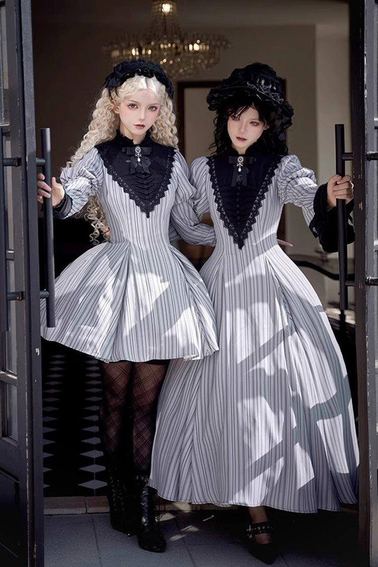 Light Grey Nocturne Vertical Stripes Print Ruffle Bowknot Lace Gothic Lolita Dress 2 Versions