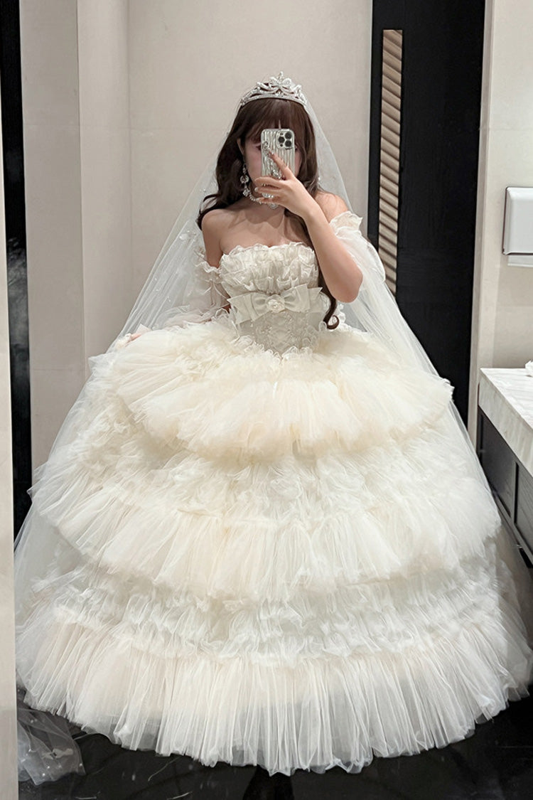 White Maiden's Love Off Shoulder Triple-Layered Ruffled Hanayome Bow Lace Sweet Princess Lolita Dress