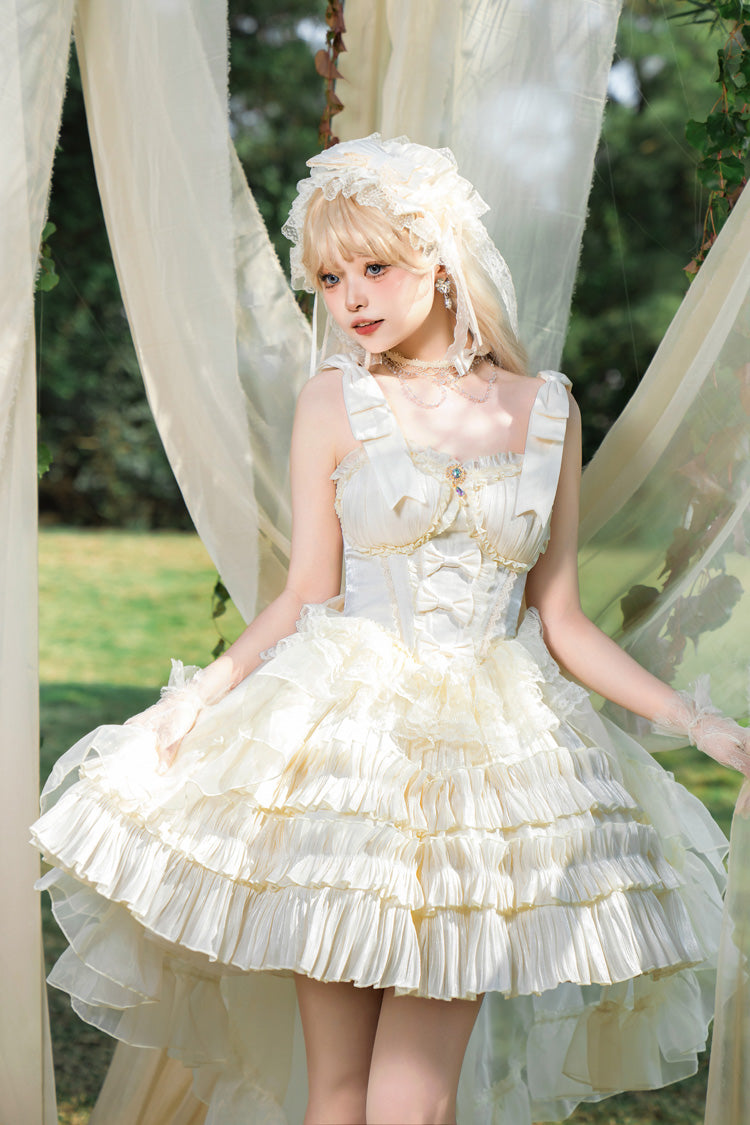 Apricot Cream Cake Sleeveless Multi-Layered Ruffle Bowknot Sweet Princess Lolita Jsk Dress Set