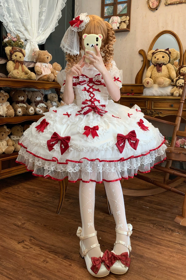 White/Red Sweetheart Sleeveless Multi-Layered Embroidered Bow Lace Lace-Up Sweet Lolita Jsk Dress