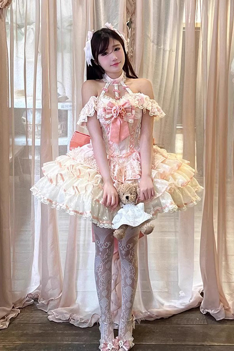 Pink Flower Language of Eros Halterneck Multi-Layered Ruffle Bowknot Rose Lace Lace-Up Sweet Ballet Lolita Jsk Dress