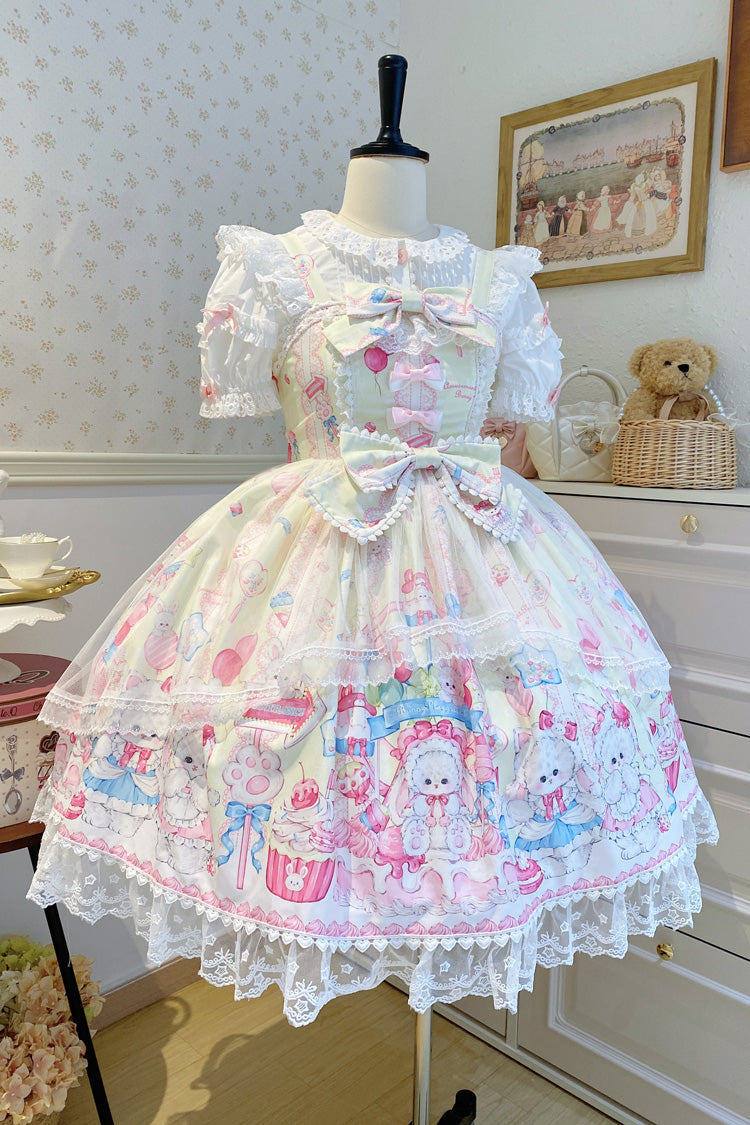 Yellow Cute Rabbit Sweet Cake Print Ruffle Bowknot Lace Sweet Lolita Jsk Dress