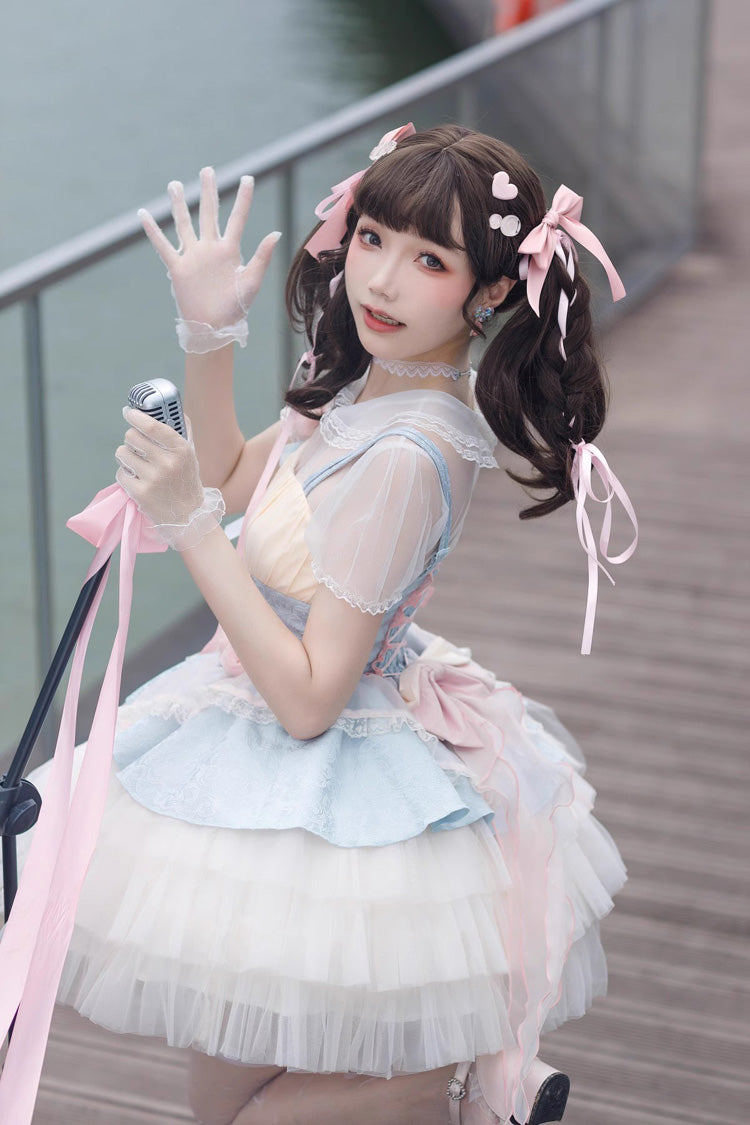 Blue/Pink Rose Peach Wine Sleeveless Multi-layer Ballet Style Sweet Lolita Jsk Dress