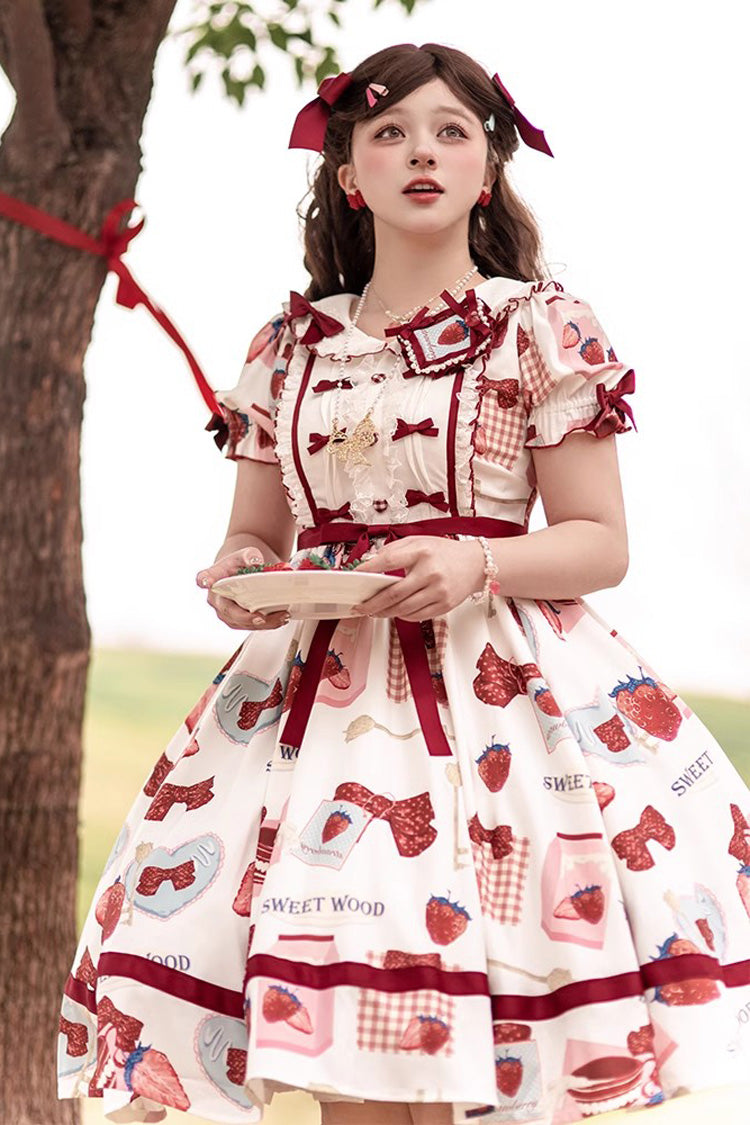 Multi-Color Strawberry Bowknot Print Short Sleeves Short Version Sweet Lolita Dress