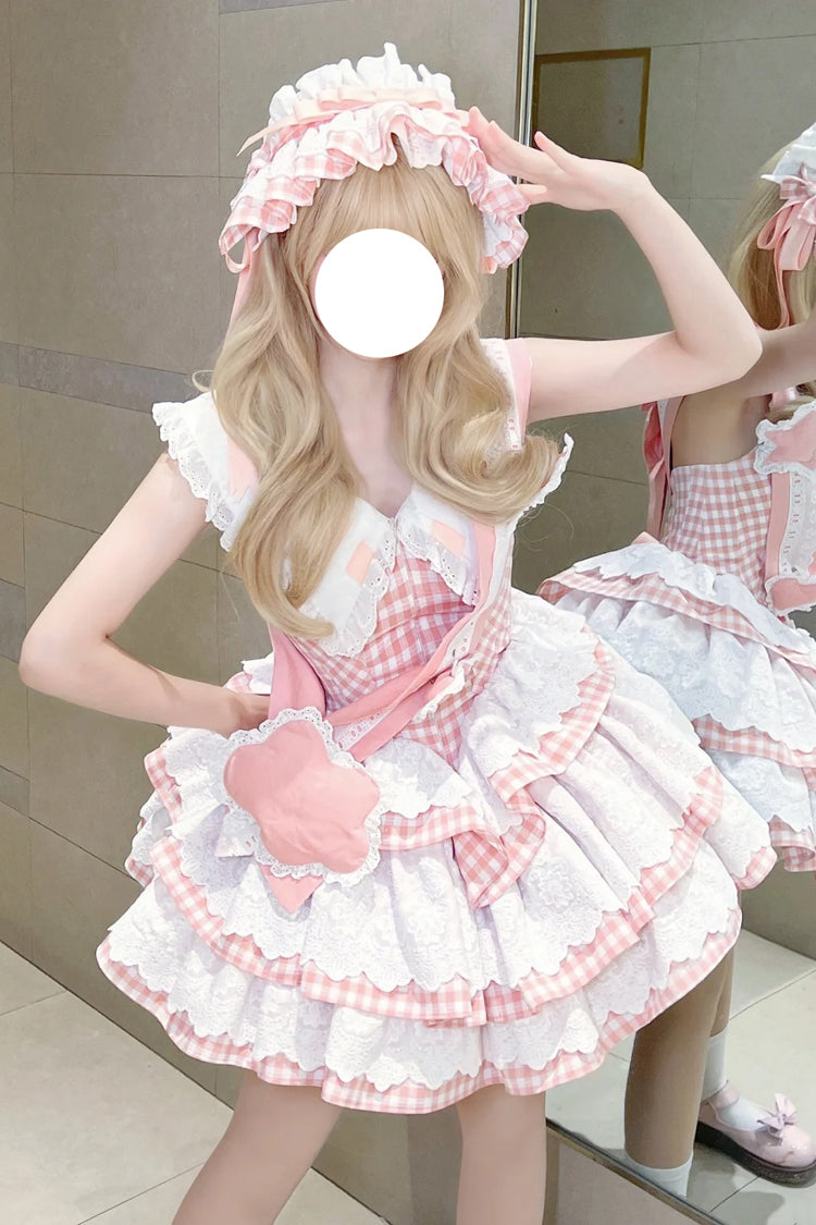 Pink Star Grant Angel Triple-Layered Print Ruffle Sweet Lolita Dress