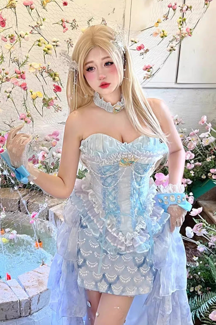 Blue Mermaid's Tears Island Romance Print Embroidery Lace Sweet Lolita Skirt Set