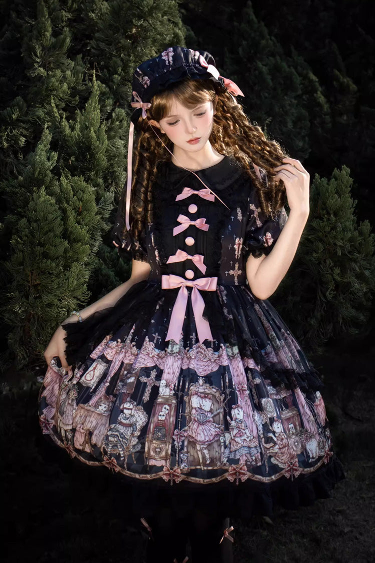 Black The Case of the Missing Lamb Print Long Sleeves Ruffle Bowknot Lace Gothic Lolita Dress