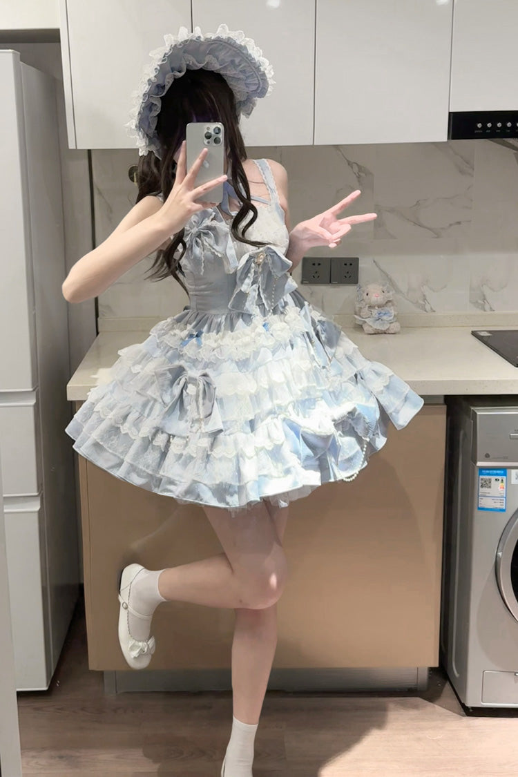 Blue Sweetheart Doll Multi-Layered Ruffle Bowknot Lace Sweet Princess Gorgeous Lolita Jsk Dress