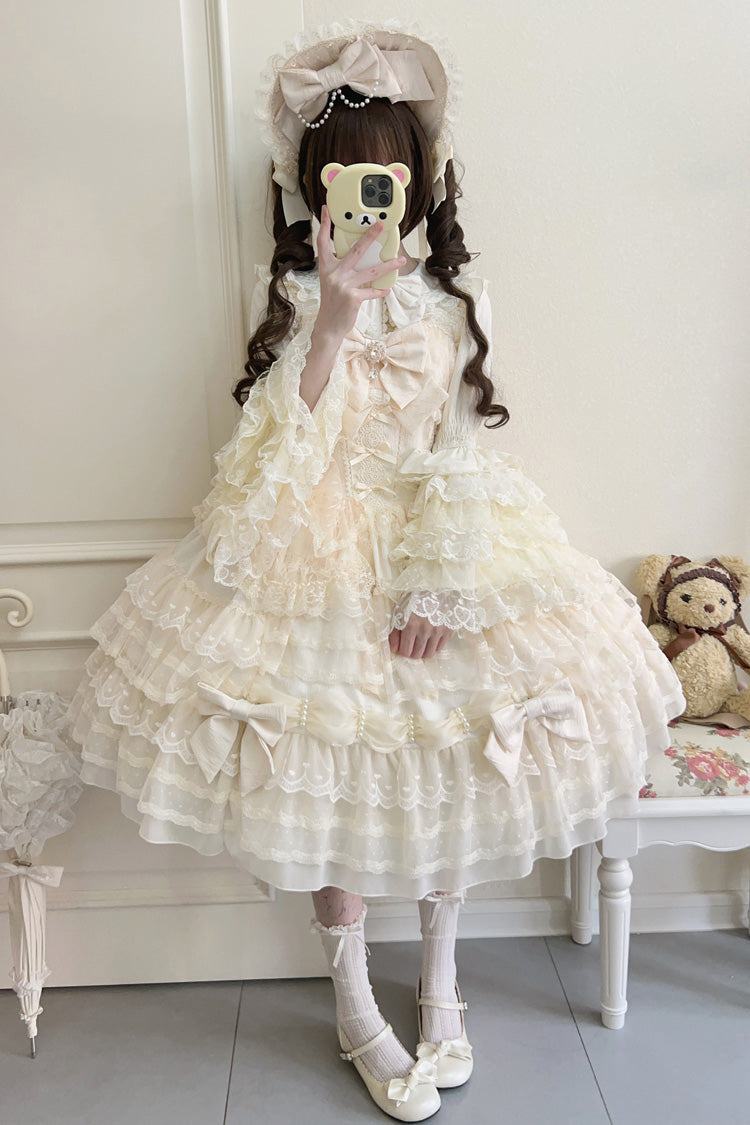 Beige Dream Prologue Doll Multi-Layered Bowknot Lace Sweet Princess Lolita Dress