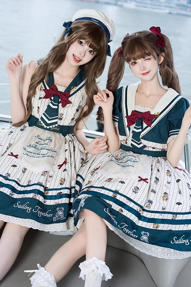 Blue/White Bear Print Navy Ruffle Bowknot Sweet Princess Lolita Jsk Dress