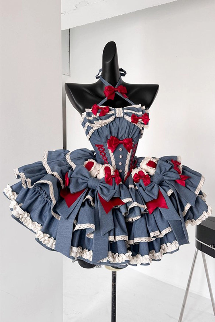 Blue Milk Rabbit Theater Halterneck Sleeveless Triple-Layered Ruffle Bowknot Lace-Up Sweet Lolita Jsk Dress
