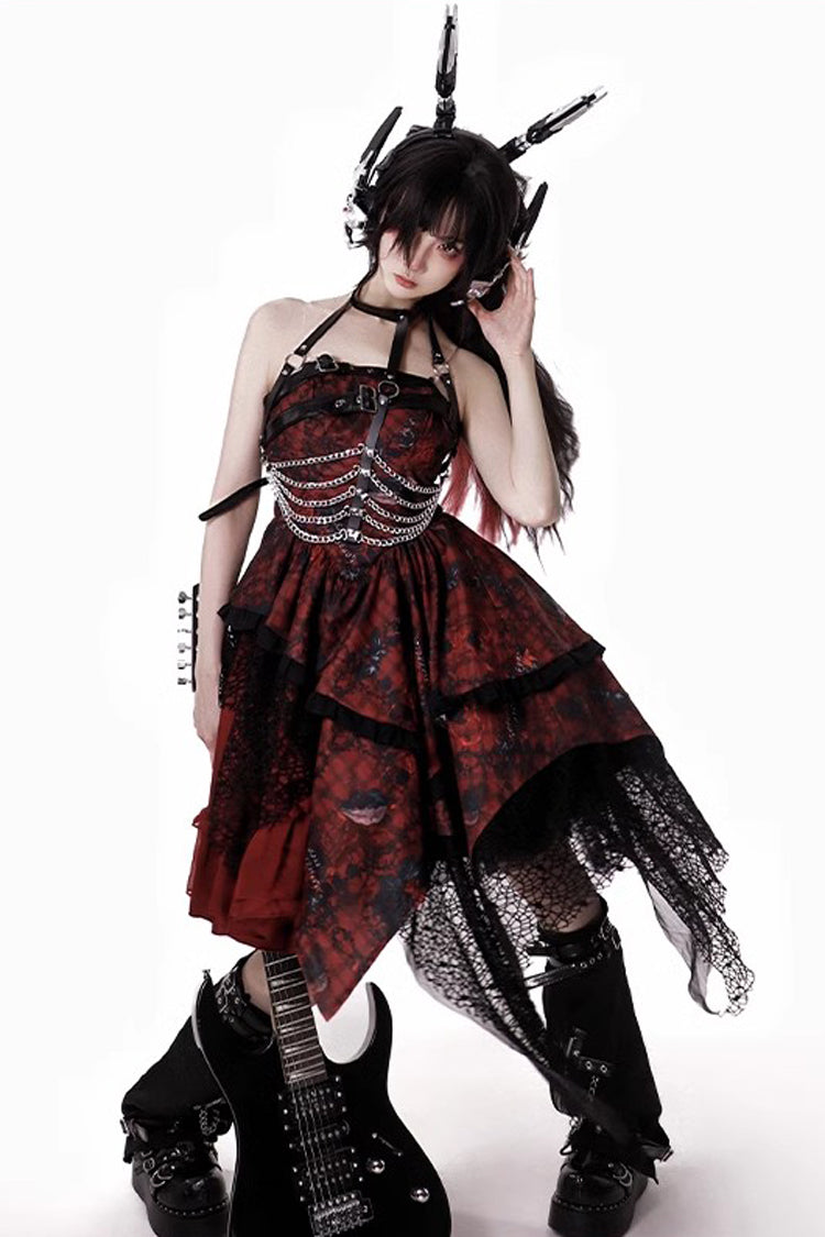 Red Strawberries of Blood and Tears Sleeveless Print Ruffle Bowknot Lace Asymmetric Gothic Lolita Jsk Dress