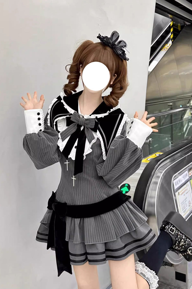 Black Bizarre Rabbit Opera Navy Collar Long Sleeves Print Ruffle Bowknot Gothic Lolita Dress