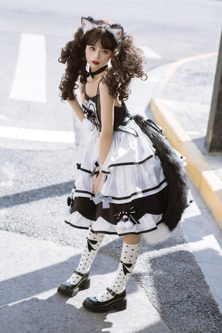 Black/White Cat Fist Triple-Layered Ruffle Bowknot Sweet Lolita Jsk Dress