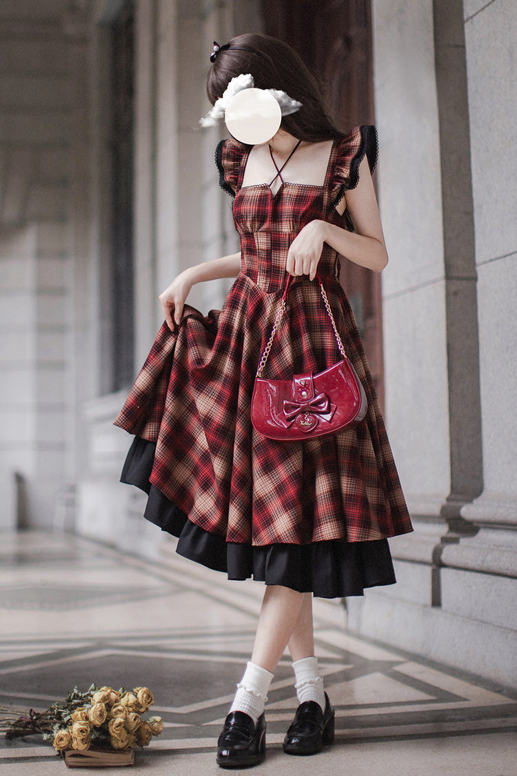 Red Madeline Print Ruffle Vintage Elegant Lolita Jumper Dress