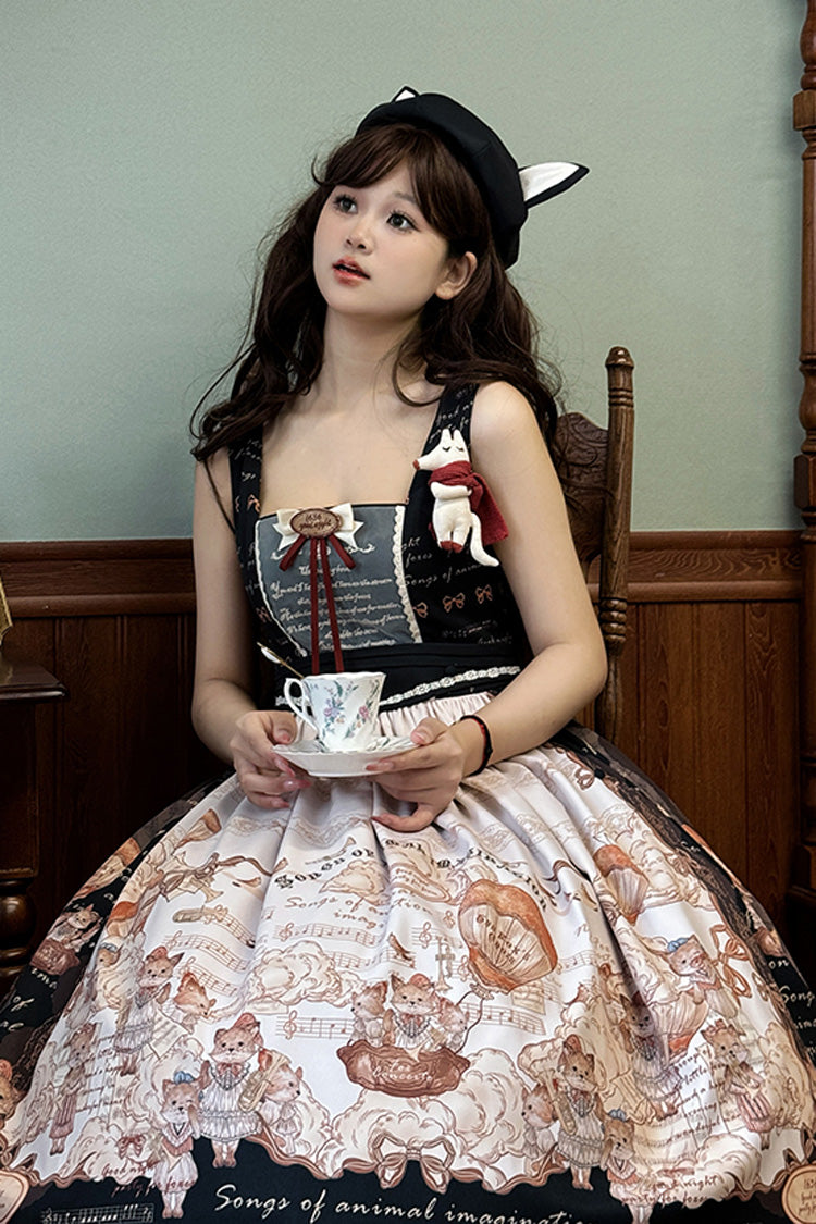 Black Fox Band Print Square Collar Bowknot Classic Lolita Jumper Dress