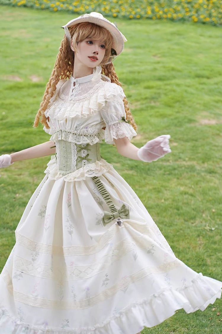 White/Green Letters and Poems to Austen Short Sleeves Print Hollow Lace Sweet Elegant Lolita Dress