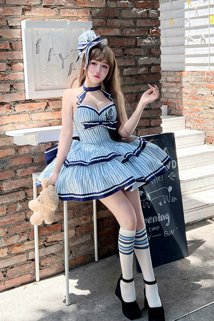 Blue Sailing Sweetheart Double-Layered Vertical Stripes Print Ruffle Bowknot Sweet Lolita Dress