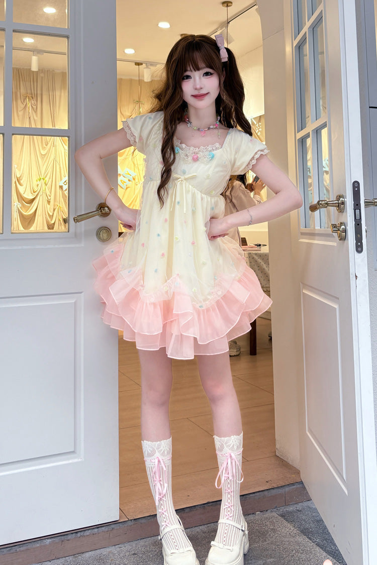 Apricot/Pink Bubble Lover Short Puff Sleeves Multi-Layered Ruffle Lace Sweet Princess Lolita Dress