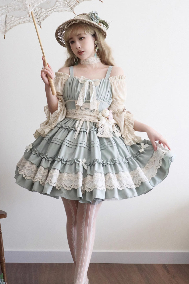 Green Vivian Off Shoulder Short Sleeves Ruffle Bowknot Lace Sweet Princess Lolita Dress