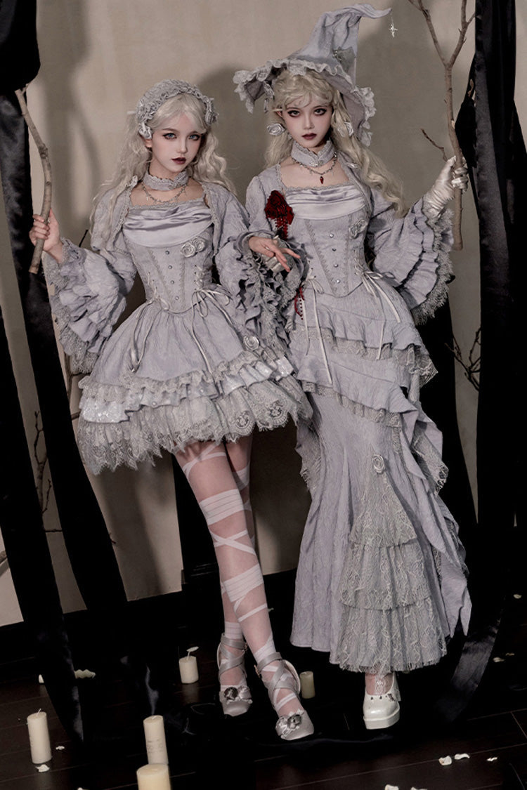Silver Grey Twilight Ruffle Lace Irregular Gothic Witch Lolita Fishtail Skirt Set