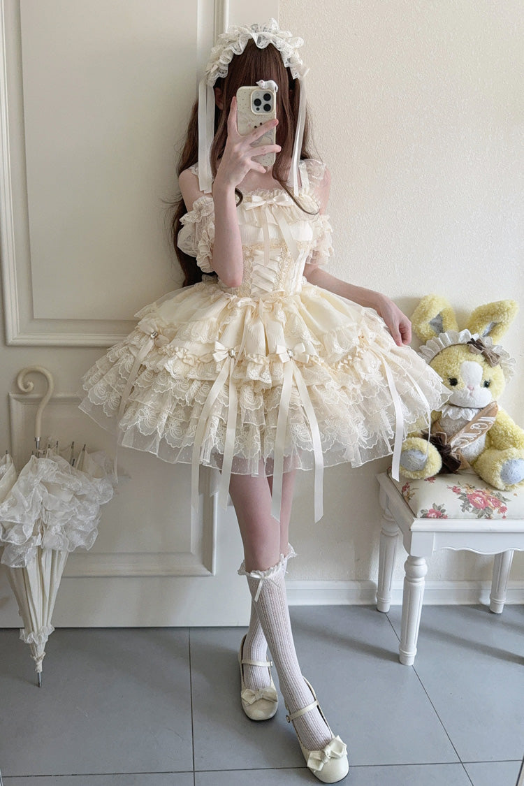 Apricot Ribbon Heart Love Sleeveless Multi-Layered Ruffle Bowknot Lace Lace-Up Sweet Princess Ballet Lolita Jsk Dress