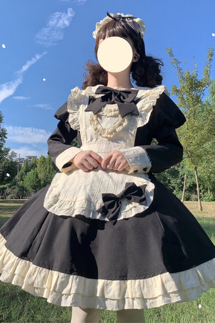 Black/White Maid Long Sleeves Ruffle Bowknot Stitching Sweet Short Lolita Dress