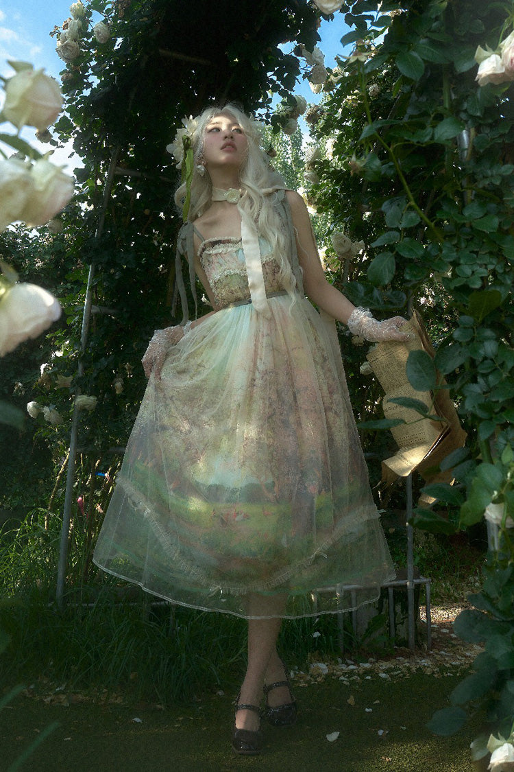 Green Oil Painting – Spring Sleeveless Print Ruffle Bowknot Lace Sweet Lolita Jsk Dress