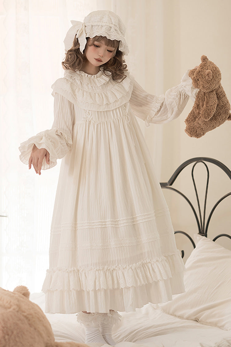 White Good Night Long Sleeves Double-Layered Ruffle Bowknot Lace-Up Holy Sweet Lolita Dress