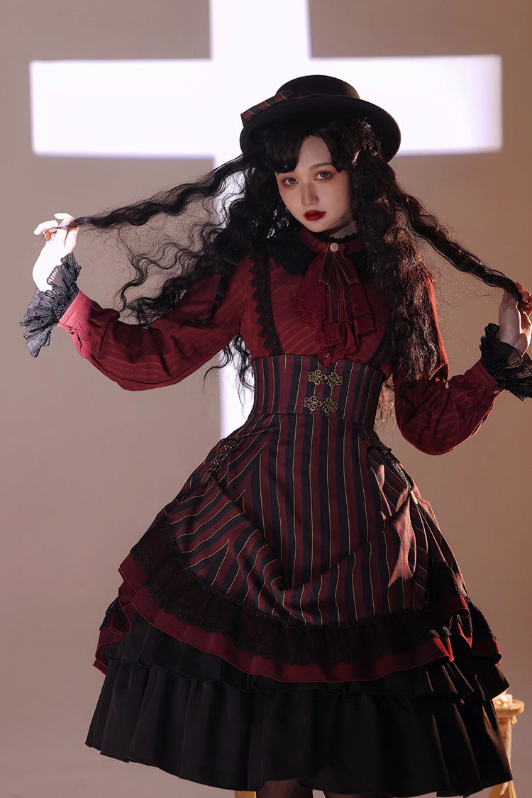 Point Manor Multi-layer Striped Print Ruffle Vintage Elegant Gothic Lolita Skirt 4 Colors