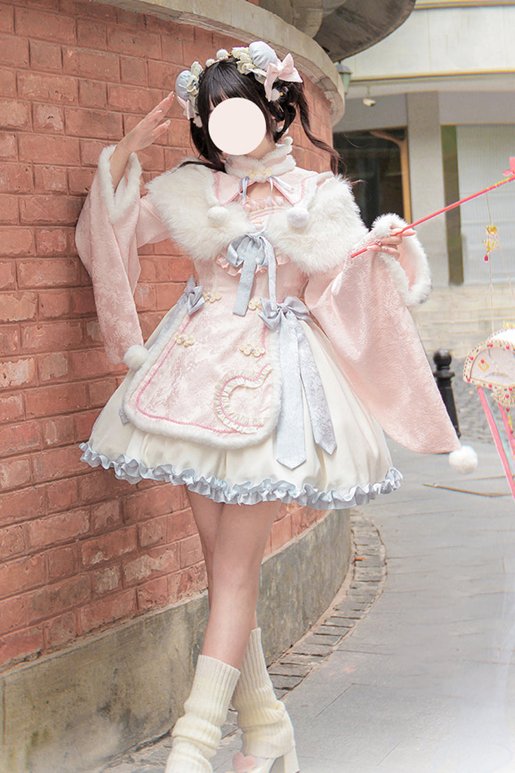 Pink Long Sleeves Ruffle Bowknot Sweet Chinese Style Lolita Dress