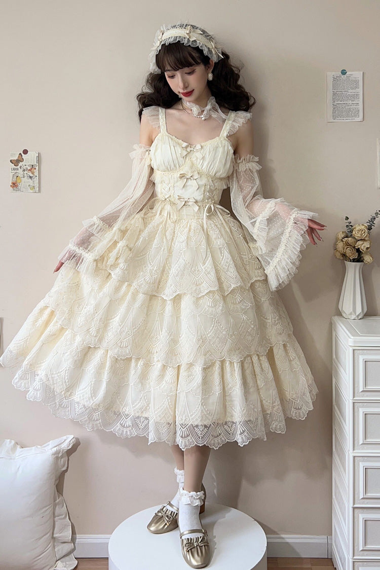 Ivory Tidal Triple-Layered Ruffle Bowknot Sweet Lolita Skirt 2 Versions
