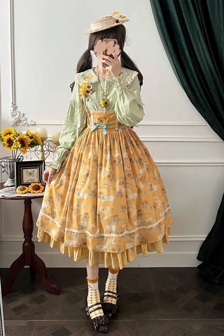 Yellow Gardening Sunflower Sleeveless Print Ruffle Bowknot Sweet Elegant Uplift Lolita Jsk Dress