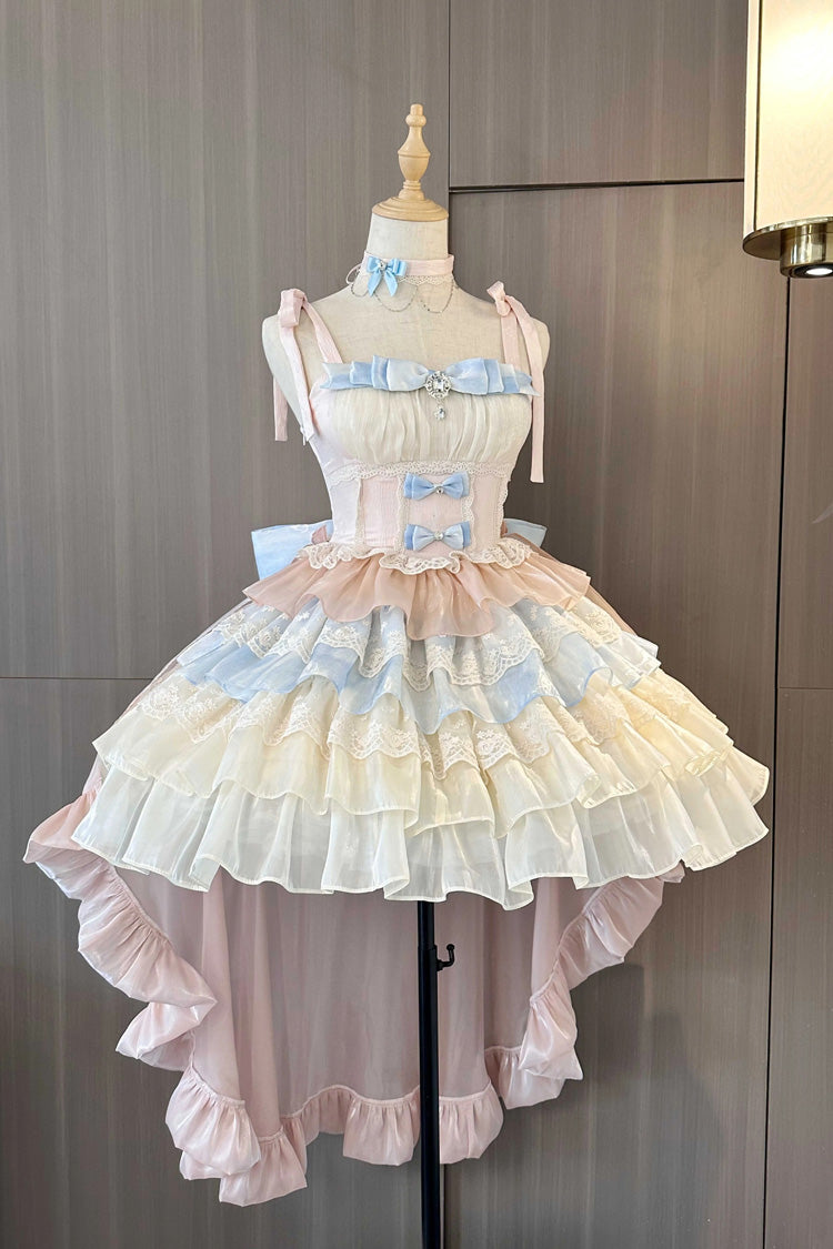 Blue/Pink/Apricot Multi-layer Ruffle Bowknot Sweet Princess Lolita Tiered Dress