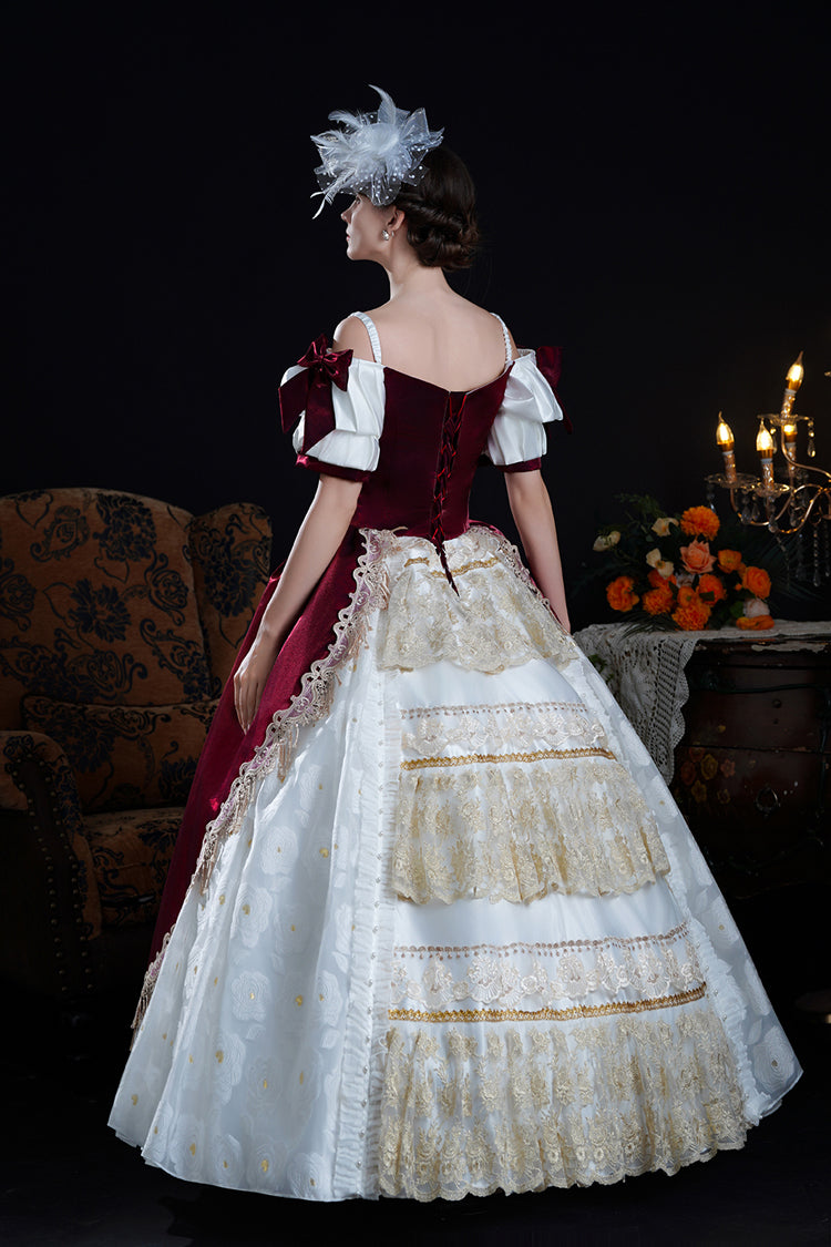 Red/Apricot Off Shoulder Short Sleeves Ruffle Cardigan Bowknot Lace Classic Princess Palace Lolita Victorian Dress